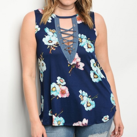 . Tops - ●CURVY● LACE UP FLORAL PRINT